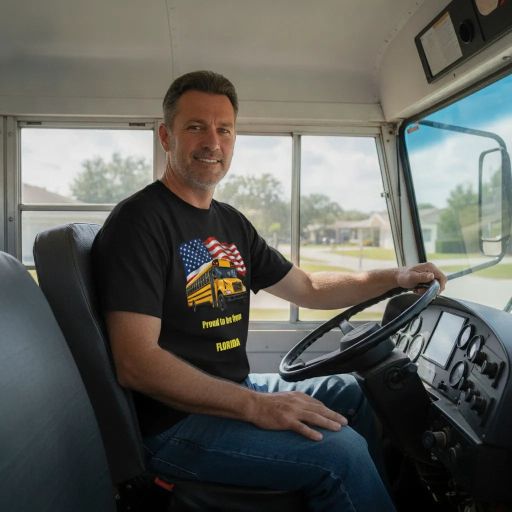 Customizable School Bus/USA Flag with State T-shirt