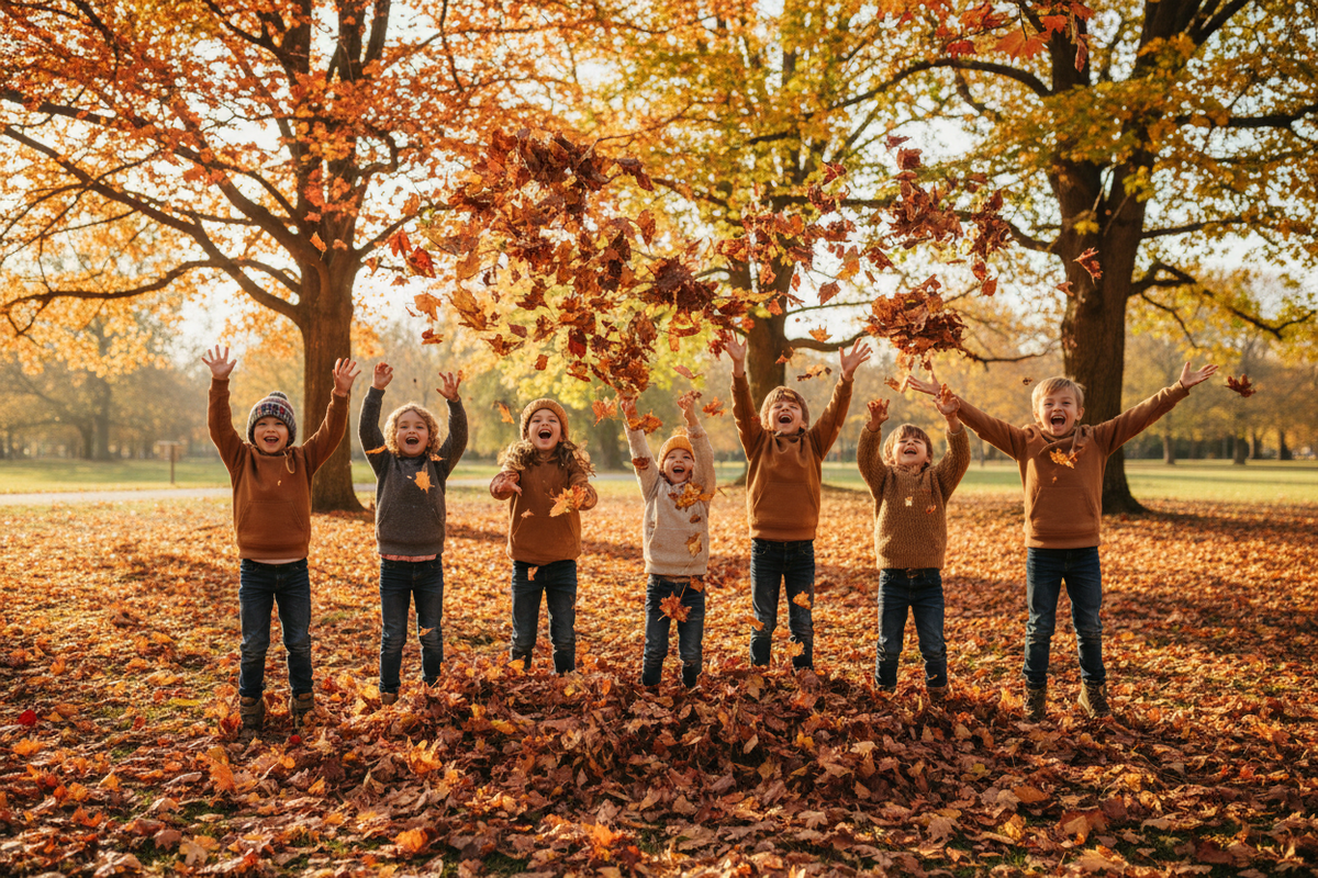 Kids Playing in Fall Leaves