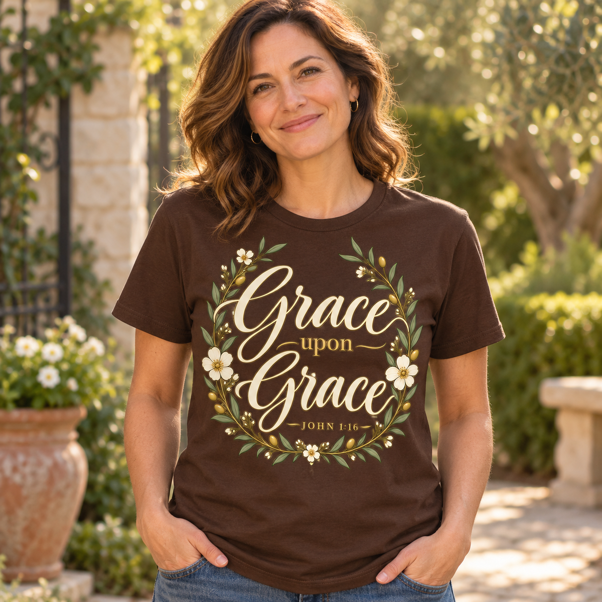 Grace Upon Grace Floral Tee — Christian Scripture John 1:16 Shirt
