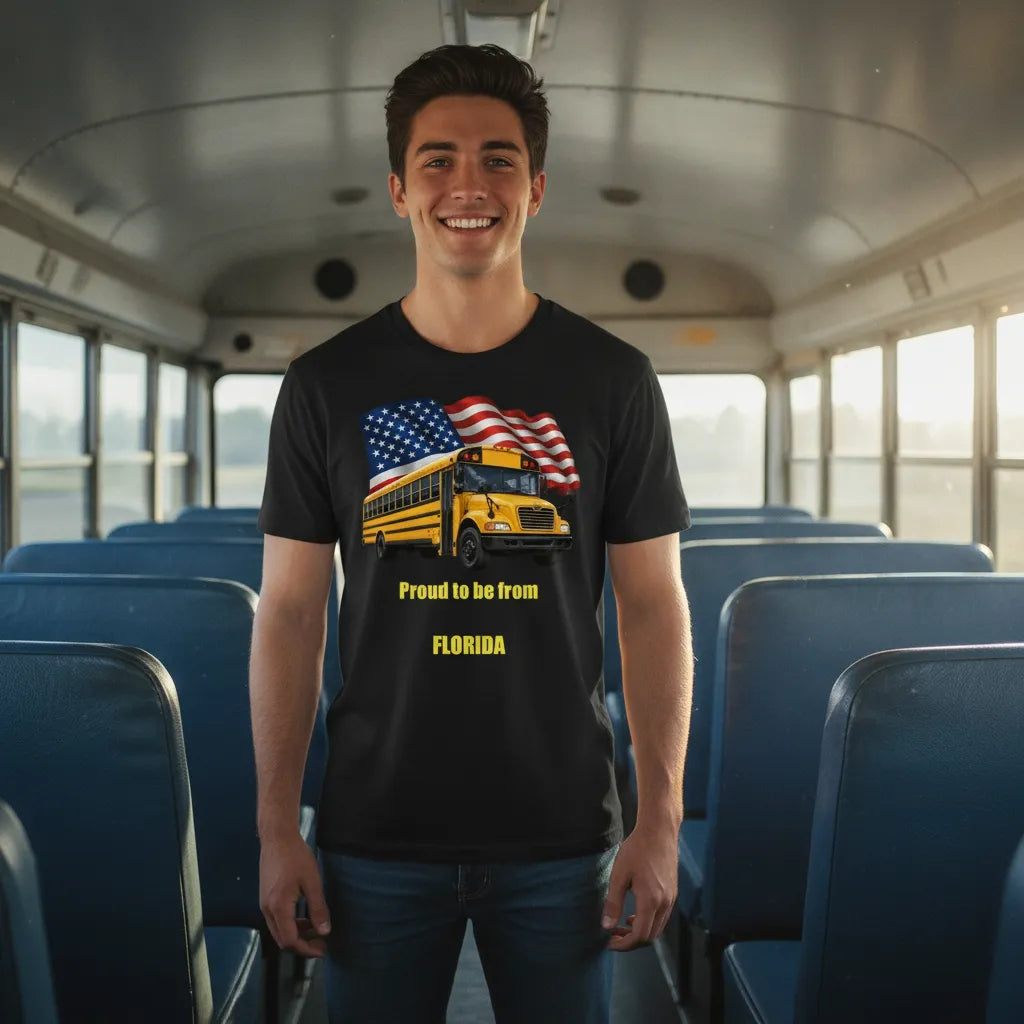 Customizable School Bus/USA Flag with State T-shirt