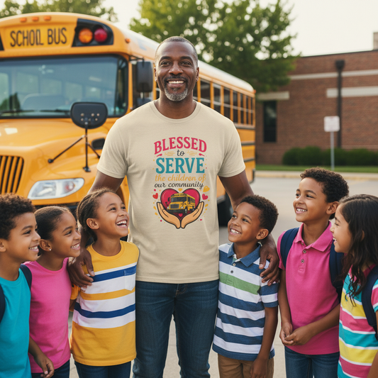 Blessed to Serve - Outside Bus with Students