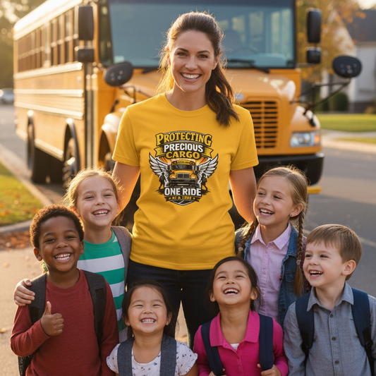 School Bus Driver Lifestyle Mockup - Gold Tee