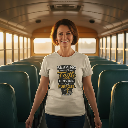 Serving with Faith Tee - Standing in Bus Aisle Design Visible